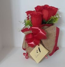 Jute, Hand Made Valentine's flower Bouquet with Faux Red Roses