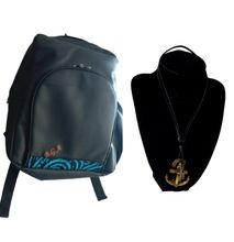 Black Leather laptop backpack with necklace