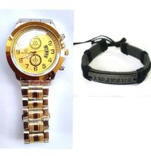 Gold tone watches with Jesus leather bracelet