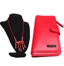 Womens Red Leather wallet with necklace