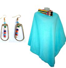Womens Teal Cotton Poncho+earrings