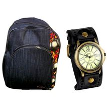 Mens Black Leather watch with denim laptop backpack