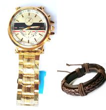 Mens Gold Plated watch with leather bracelet