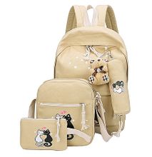 3 PCS Canvas Backpack Cat Print School Bag Casual Multifunctional Travel Bag Backpack -Khaki