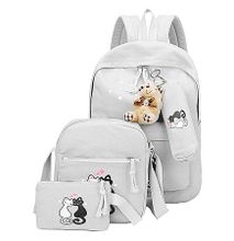 3 PCS Canvas Backpack Cat Prints School Bag Casual Multifunctional Travel Bag Backpack -Grey