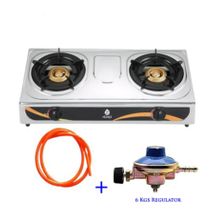 Nunix Gas Stove Table Top Stainless Steel Double Burner-SS001 + Free hose pipe and 6 Kgs Regulator