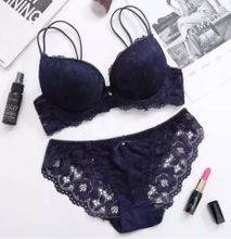 Women Soft Lace Push Up Bra Panties Matching Set Underwire Push Up Lingerie- Blue