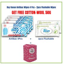 Hanan Antibacterial Wet Wipes 4 Pcs + 2pcs Flushable - Get FREE Cotton Wool 50g