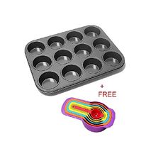 Generic 12-Hole Non-Stick Muffin / Cupcake Tray Baking Oven Tray Pan + FREE Home Kitchen Essential Tools Kit Set for Baking Multifunctional Measuring Spoons Plastic Nested Measuring Cups Multi-Color .