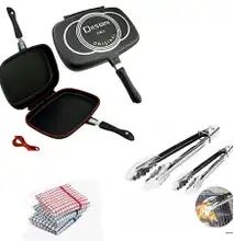 Double Dessini Grill Pan + Stainless Steel Kitchen Tong + Kitchen Towels