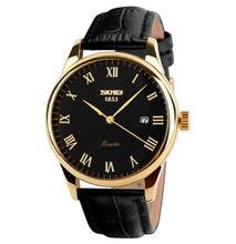 Skmei Black Leather Strap Wristwatch - Gold And Black Face