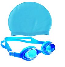 Fashion Set Of Sky Blue Swimming Cap & Blue Swimming Goggles Gear