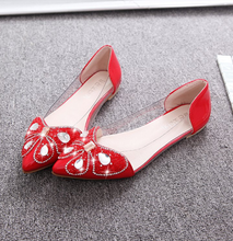 Koovan Women Flats 2018 New Spring Flat Shoes Pointed Soft Bottom Sexy Sandals Fashion Shoes Rhinestone Bows for Girls- Red
