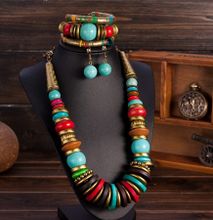 African Beads Jewelry Set with Turquoise Collar Statement Necklace, Ball Drop Earrings & Bracelet multi-colored standard size