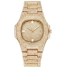 Fashion Unisex Iced Stones Strap Bracelet Watch- Gold