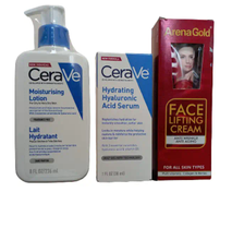 NEW CeraVe Moisturizing Lotion For Dry to Very Dry Skin + Hydrating Hyaluronic Acid SERUM + Arena Gold Face LIFTING, Anti-WRINKLE & Anti-Aging Face Cream