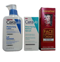 New CeraVe Moisturizing Lotion For Dry to Very Dry Skin + Resurfacing Retinol Serum for Breakouts, Acne + Arena Gold Face LIFTING & Anti-WRINKLE & Face Cream