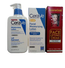 CeraVe Moisturizing Lotion For Dry to Very Dry Skin + AM Facial Moisturizing Lotion with Sunscreen + Arena Gold Face LIFTING, Anti-WRINKLE & Anti-Aging Face Cream