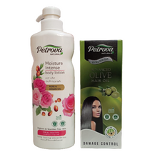 Petrova ARGAN Oil & ROSE Body LOTION + OLIVE Damage Control Hair Oil.