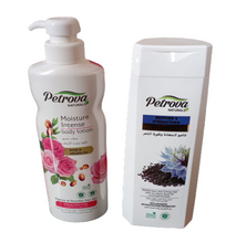 Petrova ARGAN Brightening & Smoothening Body Lotion + BLACK SEED OIL  Anti Dandruff Shampoo.