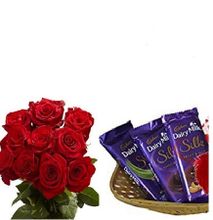 Valentines Gift Hamper For Her- Fresh Red Roses Bouquet, and Cadbury Milk Chocolate 3PCs