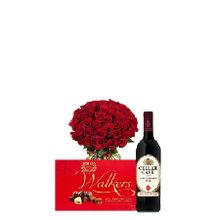 Red Roses Bouquet + Walkers Classics Milk White & Dark Chocolate + Cellar Cask Red Wine 750ml