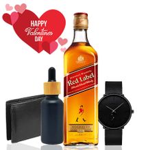 Valentines Gift Package- Johnnie Walker Red Label, Men's Leather Wallet, Men's Leather Watch, Beard Oil
