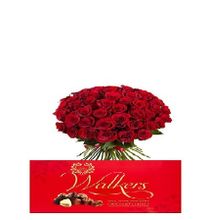 Red Roses Bouquet + Walkers Classics Milk White & Dark Chocolate Package