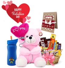 Smart Kid Package- Kids Water Bottle, Teddy Bear, Customized Card, Assorted Chocolate and Skittles
