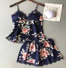 Fashion Women Sexy floral Chemise With Shorts Lingerie Sleep Wear-Blue