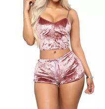 Fashion Velvet Sleepwear Sexy Spaghetti Strap Shorts Pajamas Set-Pink