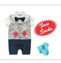 Fashion Cute Baby Toddler Bowknot checked short Sleeve Boys Romper Jumpsuit with FREE SOCKS.