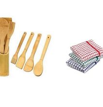 Four Wooden Kitchen Spoons + 3 Kitchen Towels