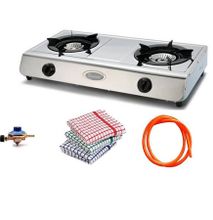 Rebune Gas Stove 2 Burner,Stainless Steel (Silver)+ FREE Gas Regulator, Gas Pipe and Kitchen Towels